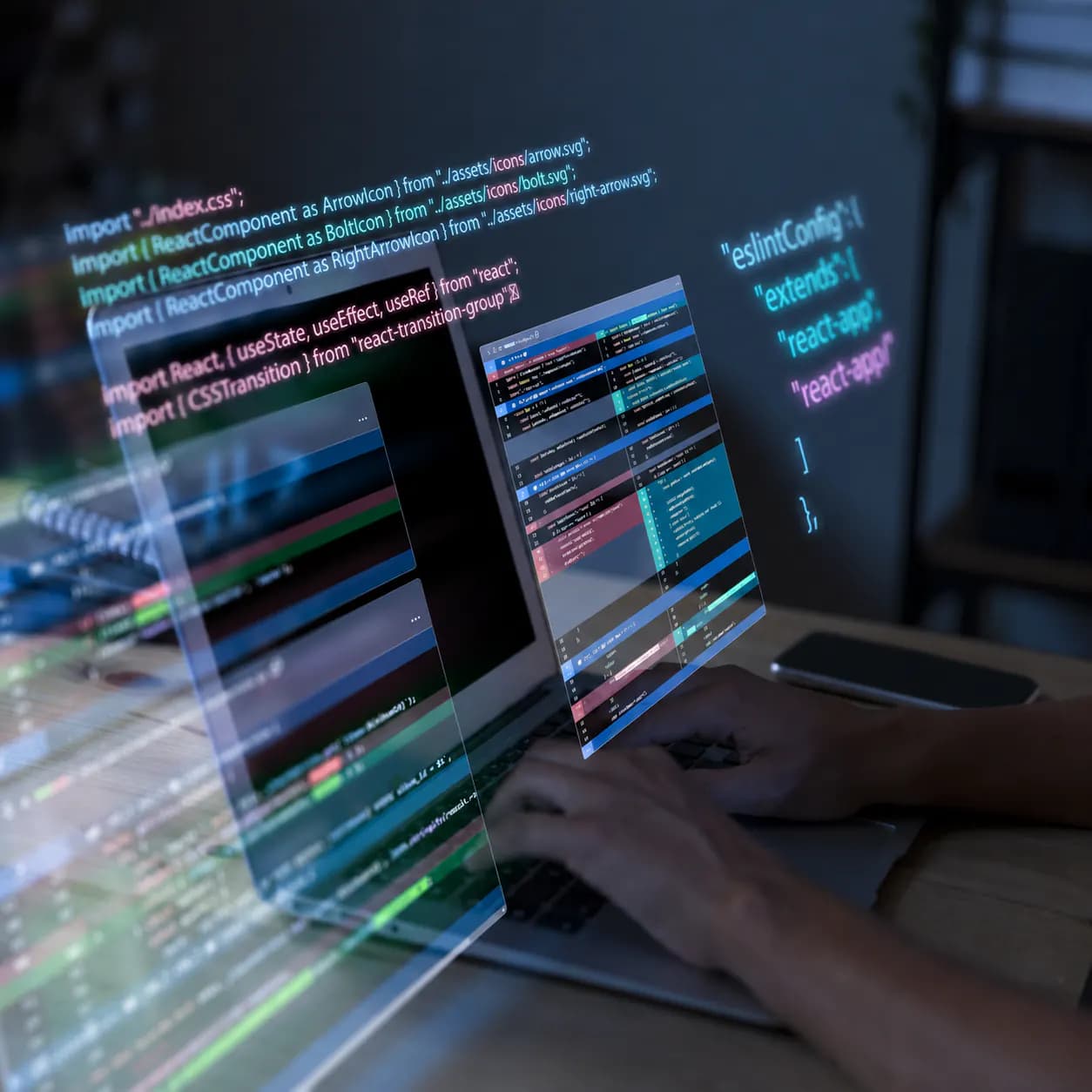 Software developer working with layered code windows