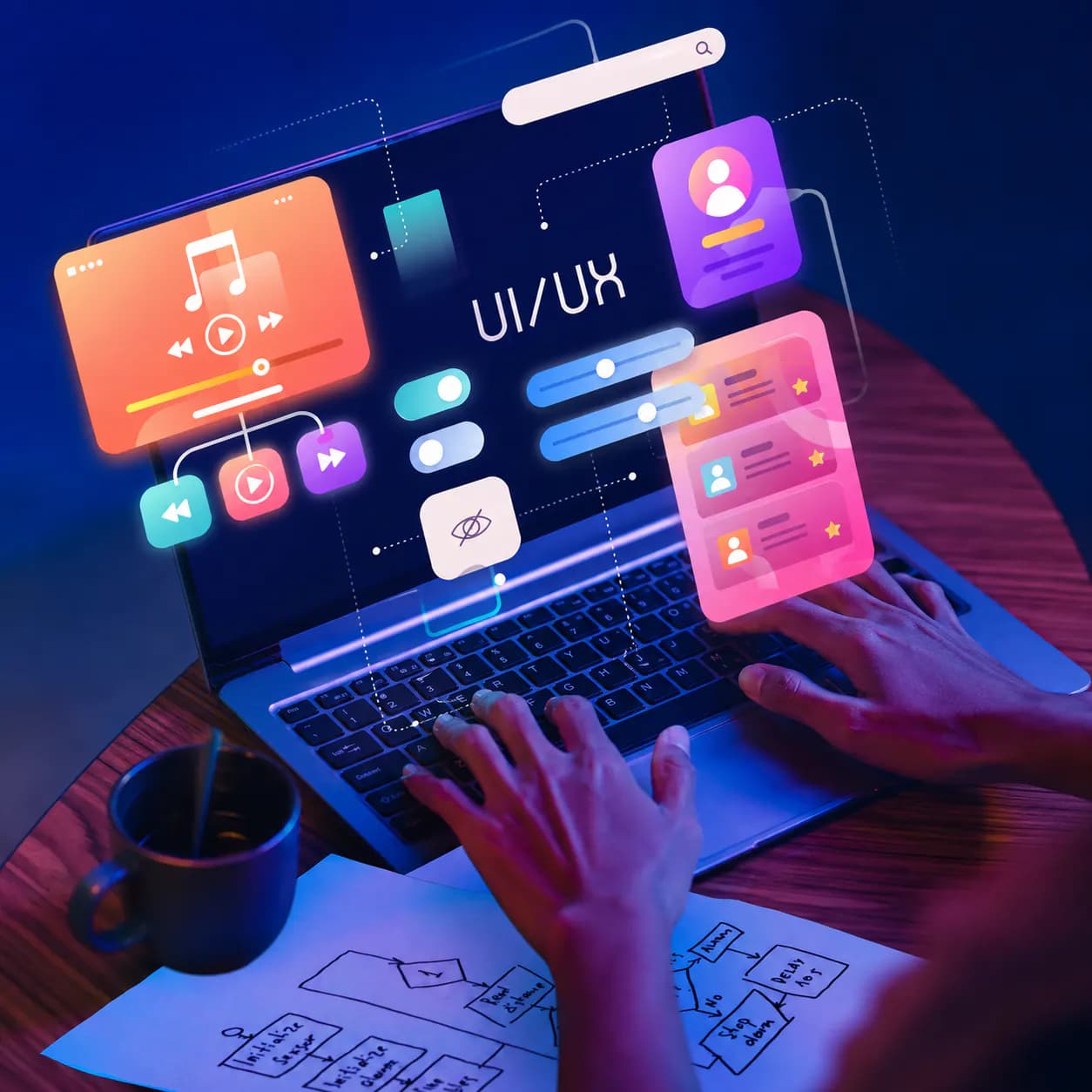 Designer working with colorful interface controls and wireframes on a laptop