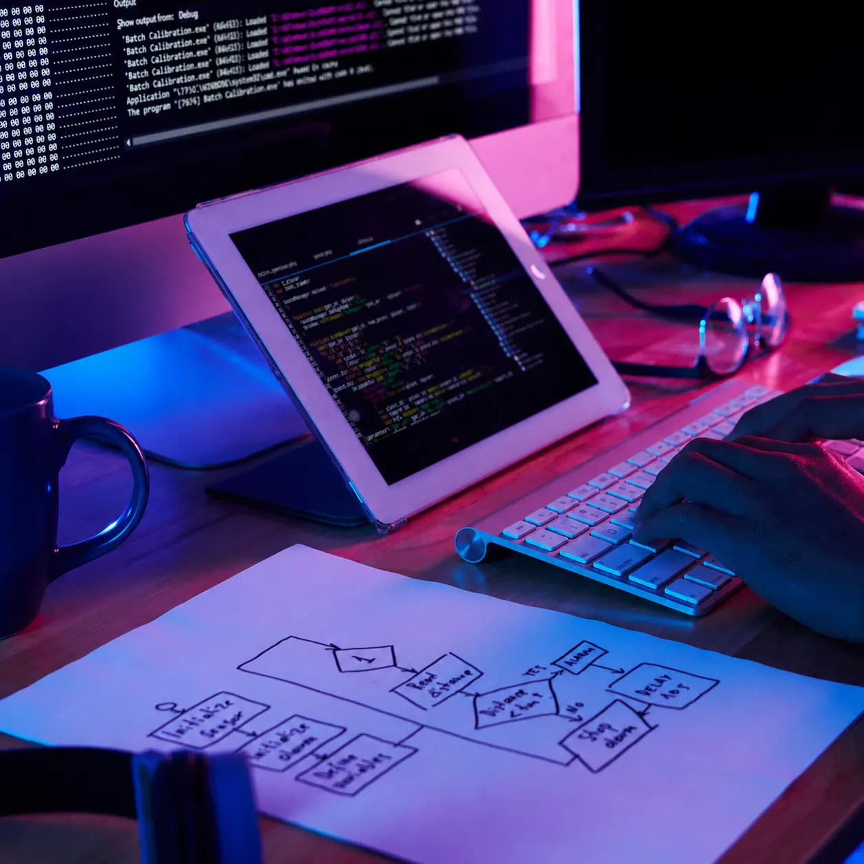 Developer coding beside a hand-drawn application flowchart