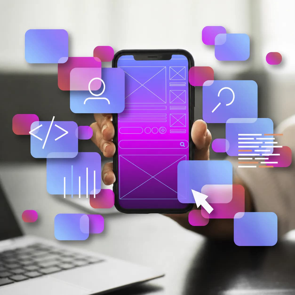 Mobile interface wireframe surrounded by application design controls
